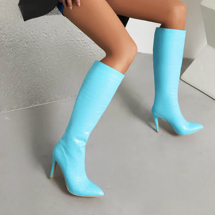 Women's Glossy Pointed Toe Stiletto Heel Knee High Boots