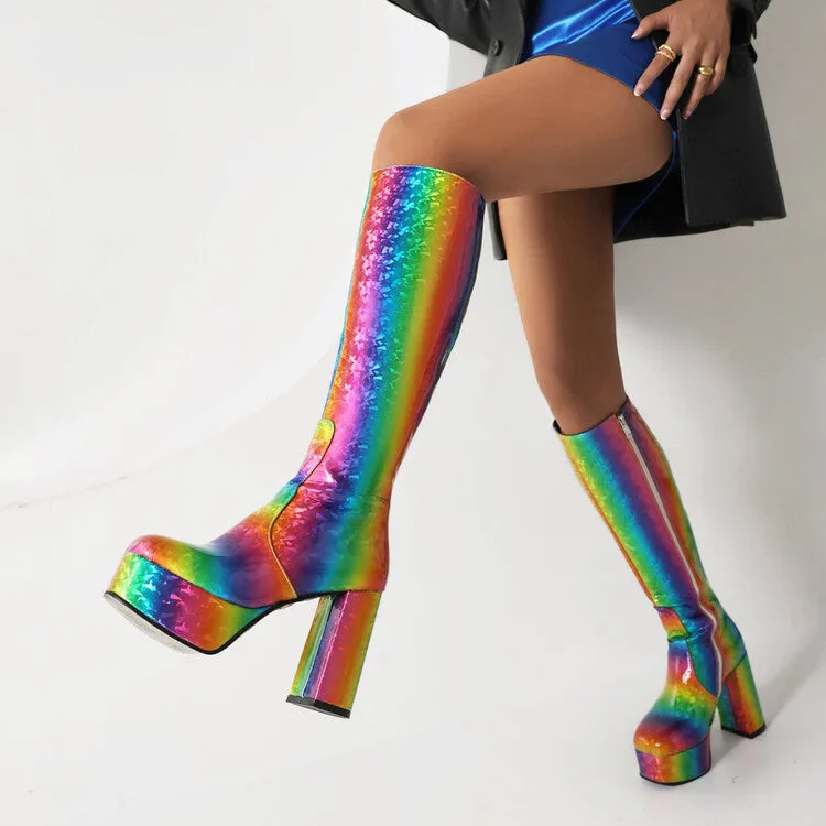 Women's Glossy Round Toe Block Chunky Heel Platform Knee High Boots