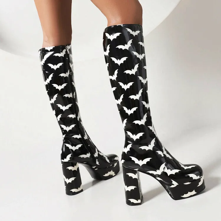 Women's Glossy Round Toe Block Chunky Heel Platform Knee High Boots