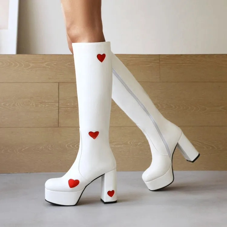 Women's Glossy Round Toe Love Hearts Side Zippers Block Chunky Heel Platform Knee High Boots