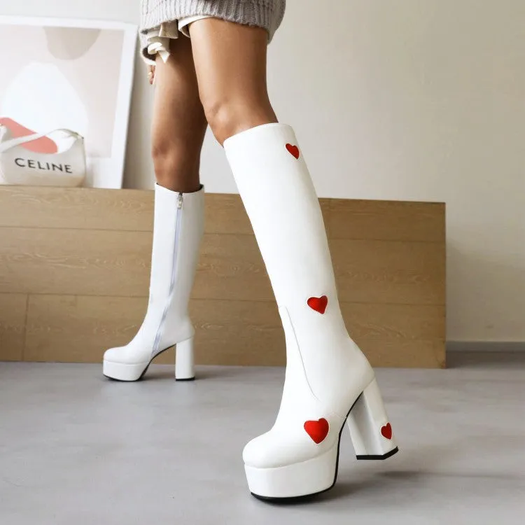 Women's Glossy Round Toe Love Hearts Side Zippers Block Chunky Heel Platform Knee High Boots