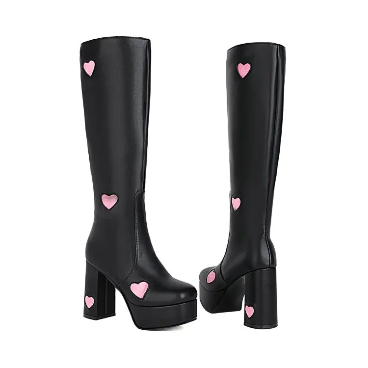 Women's Glossy Round Toe Love Hearts Side Zippers Block Chunky Heel Platform Knee High Boots