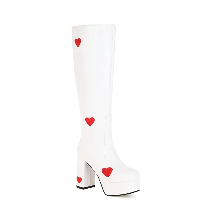 Women's Glossy Round Toe Love Hearts Side Zippers Block Chunky Heel Platform Knee High Boots