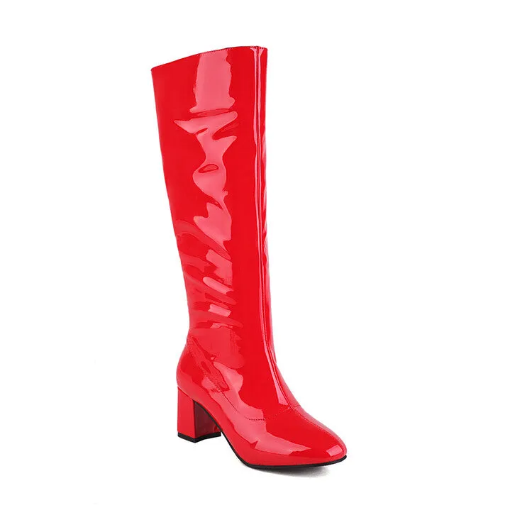 Women's Glossy Round Toe Side Zippers Block Chunky Heel Knee High Boots