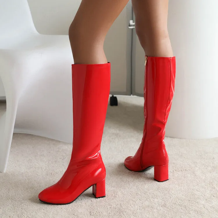 Women's Glossy Round Toe Side Zippers Block Chunky Heel Knee High Boots