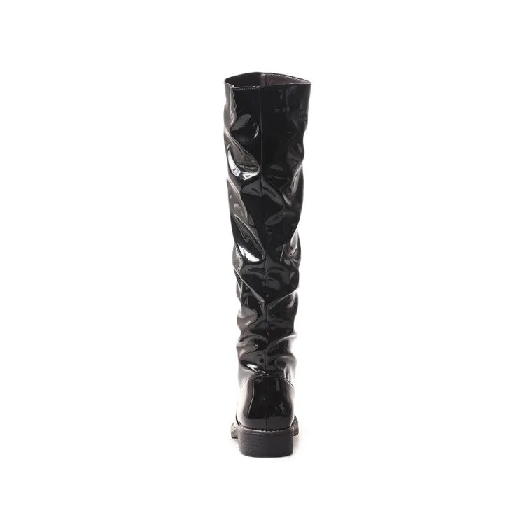 Women's Glossy Round Toe Stitch Knee High Boots