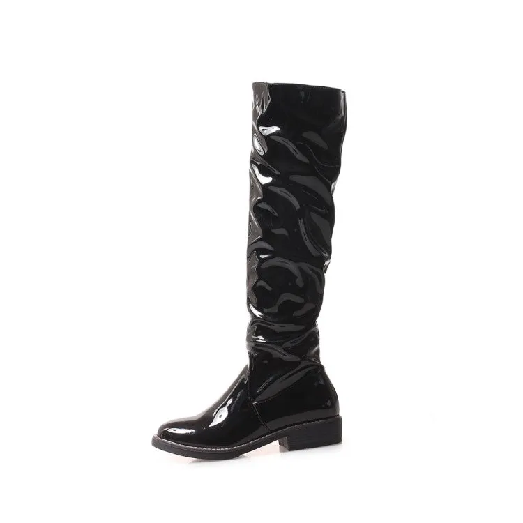 Women's Glossy Round Toe Stitch Knee High Boots