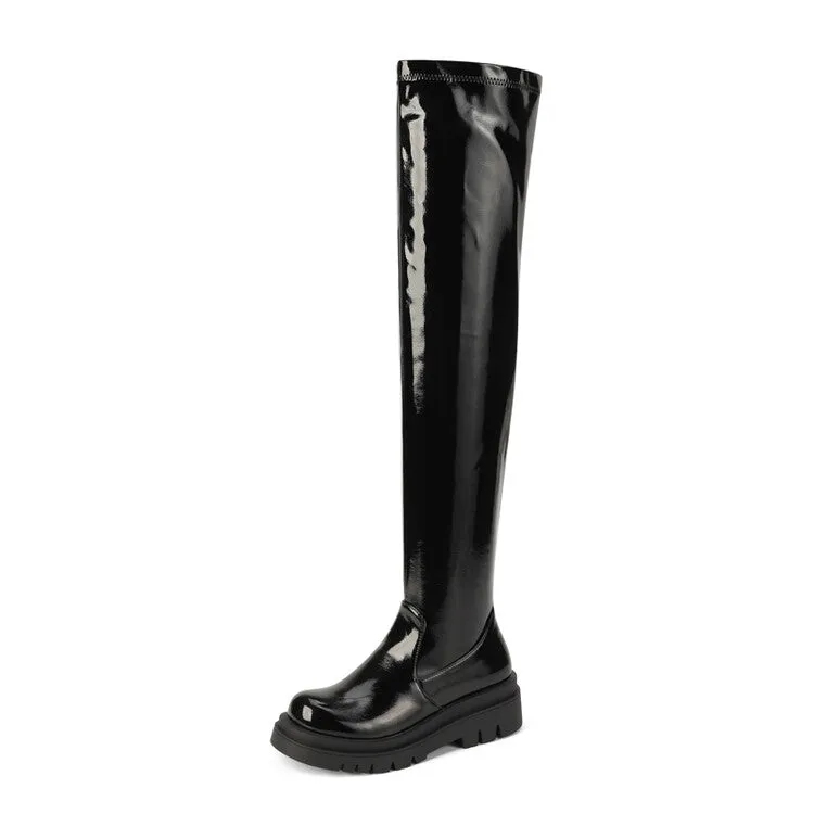 Women's Glossy Round Toe Thick Heel Platform Over the Knee Boots