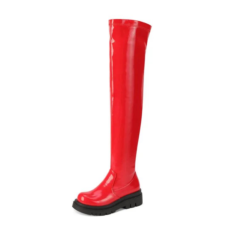 Women's Glossy Round Toe Thick Heel Platform Over the Knee Boots