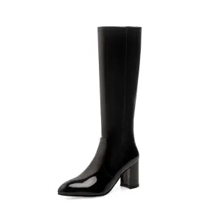 Women's Glossy Side Zippers Block Chunky Heel Knee High Boots