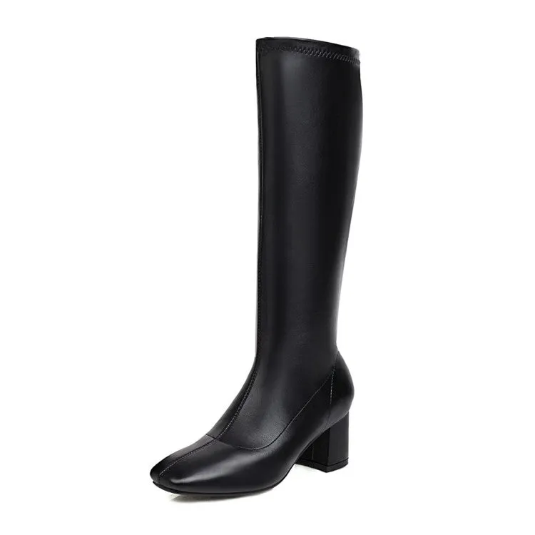 Women's Glossy Side Zippers Chunky Heel Knee-High Boots