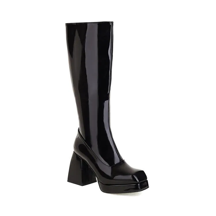 Women's Glossy Square Toe Block Heel Platform Knee High Boots