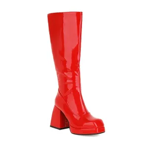 Women's Glossy Square Toe Block Heel Platform Knee High Boots