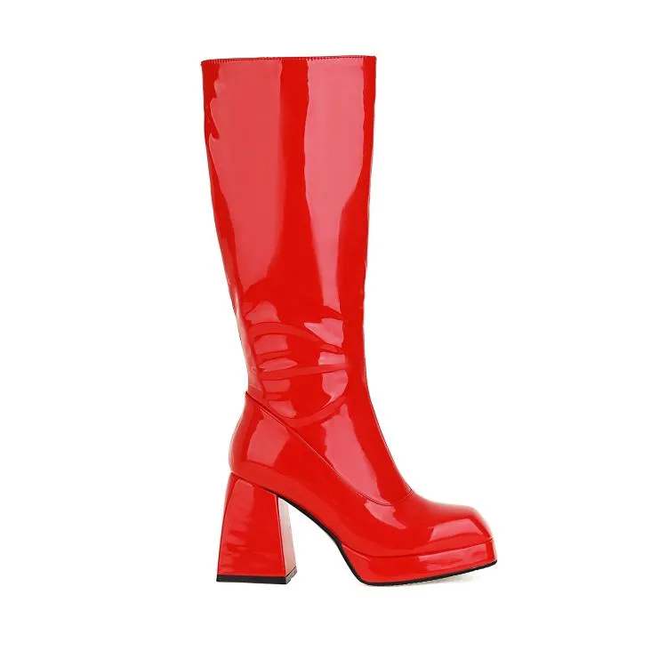 Women's Glossy Square Toe Block Heel Platform Knee High Boots