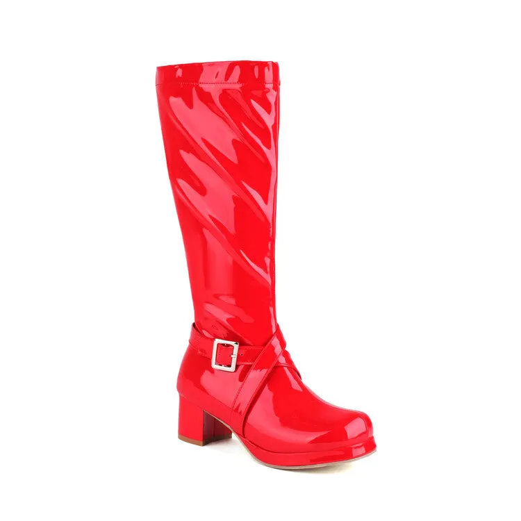 Women's Glossy Square Toe Buckle Straps Block Chunky Heel Platform Knee-High Boots