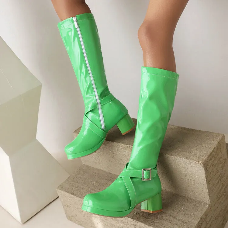 Women's Glossy Square Toe Buckle Straps Block Chunky Heel Platform Knee-High Boots