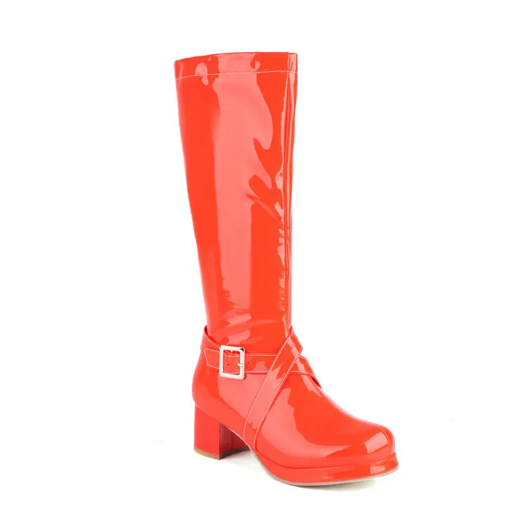 Women's Glossy Square Toe Buckle Straps Block Chunky Heel Platform Knee-High Boots