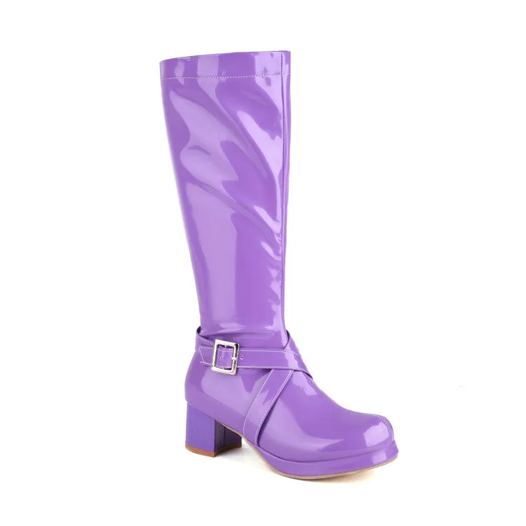 Women's Glossy Square Toe Buckle Straps Block Chunky Heel Platform Knee-High Boots