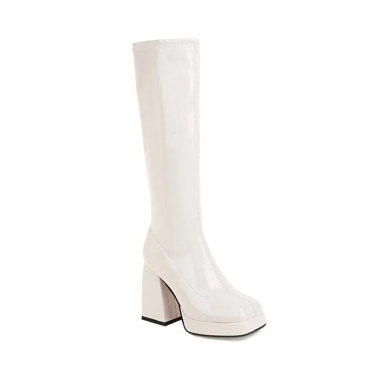 Women's Glossy Square Toe Chunky Heel Platform Knee-High Boots