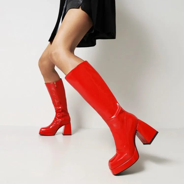 Women's Glossy Square Toe Side Zippers Block Chunky Heel Platform Knee High Boots