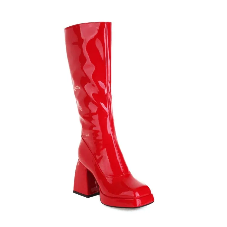 Women's Glossy Square Toe Side Zippers Block Chunky Heel Platform Knee High Boots