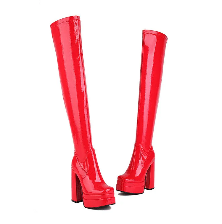 Women's Glossy Square Toe Side Zippers Block Chunky Heel Platform Over the Knee Boots