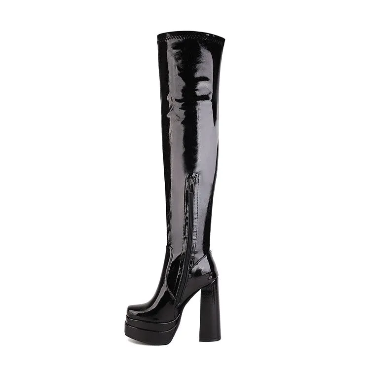 Women's Glossy Square Toe Side Zippers Block Chunky Heel Platform Over the Knee Boots