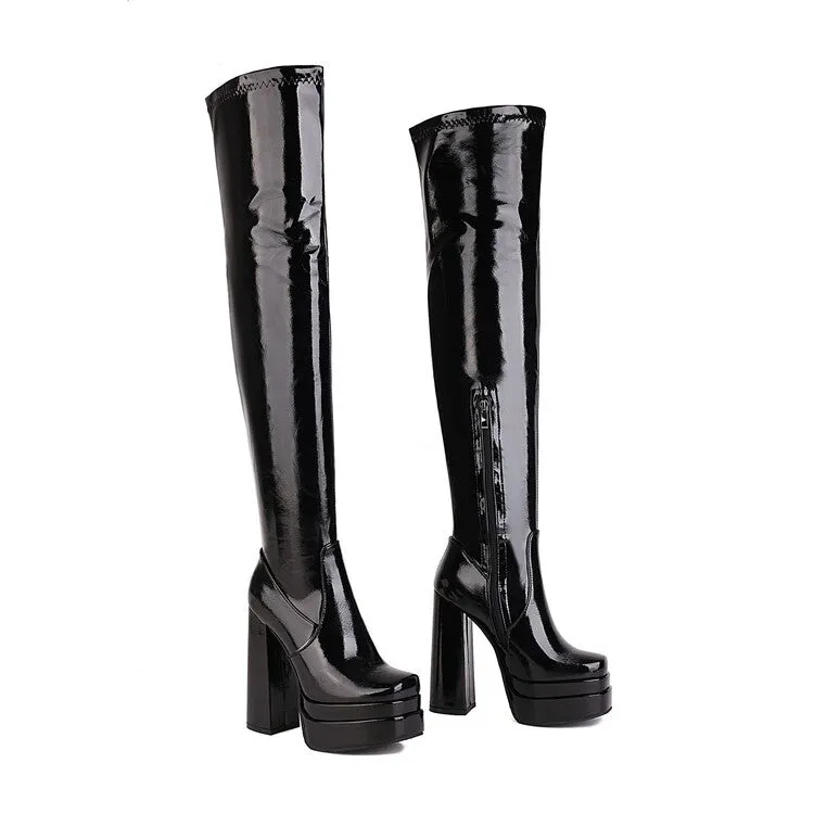 Women's Glossy Square Toe Side Zippers Block Chunky Heel Platform Over the Knee Boots