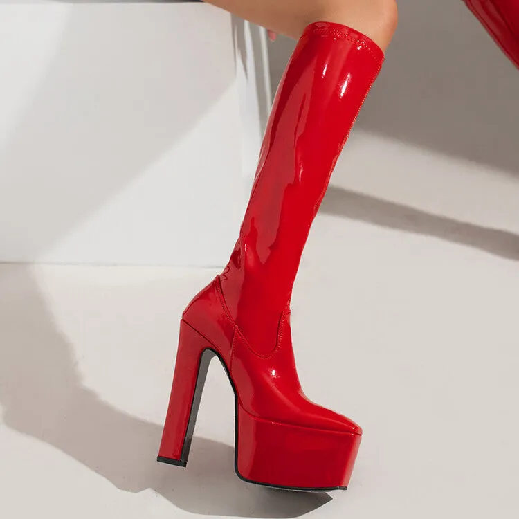 Women's Glossy Square Toe Stitching Platform Block Heel Knee High Boots