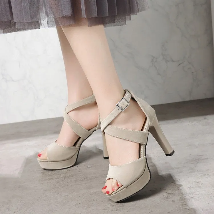 Women's High Heeled Suede Peep Toe Ankle Strap Buckle Chunky Heel Platform Sandals