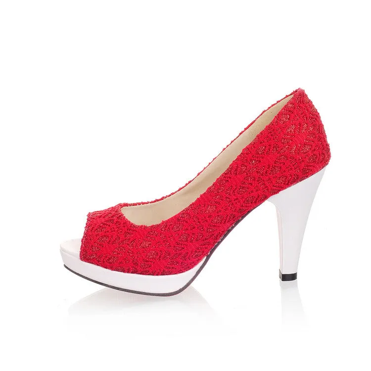 Women's Lace Peep Toe Platform High Heel Pumps