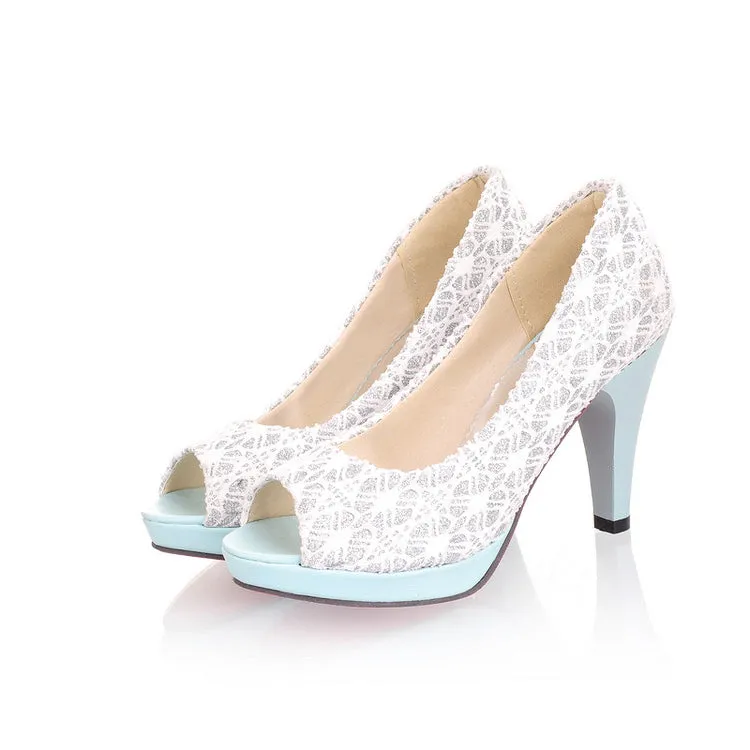 Women's Lace Peep Toe Platform High Heel Pumps