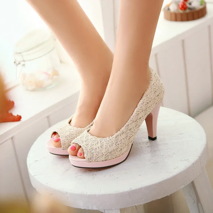 Women's Lace Peep Toe Platform High Heel Pumps