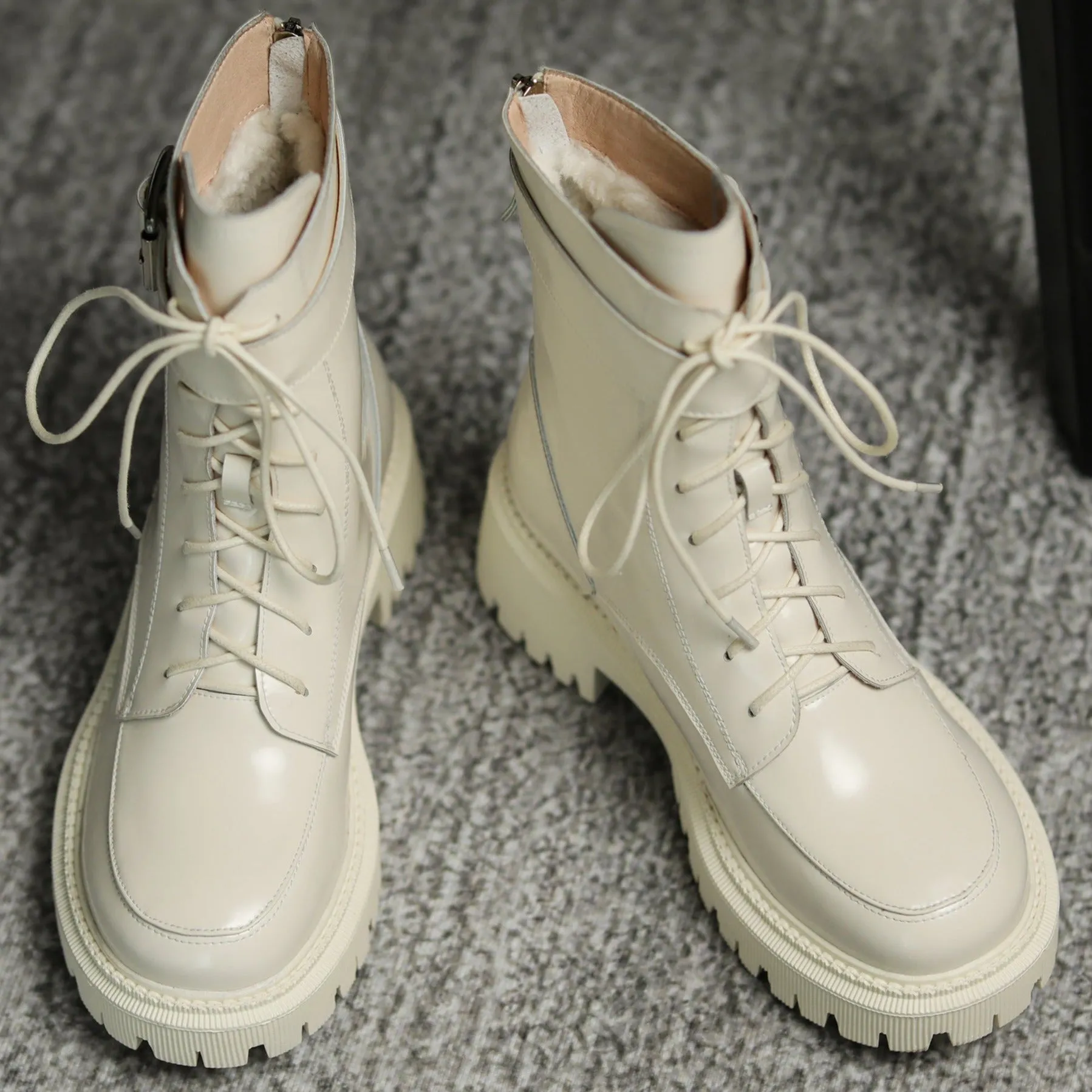 Womens Leather Combat Winter Fleece Lined Snow Boots