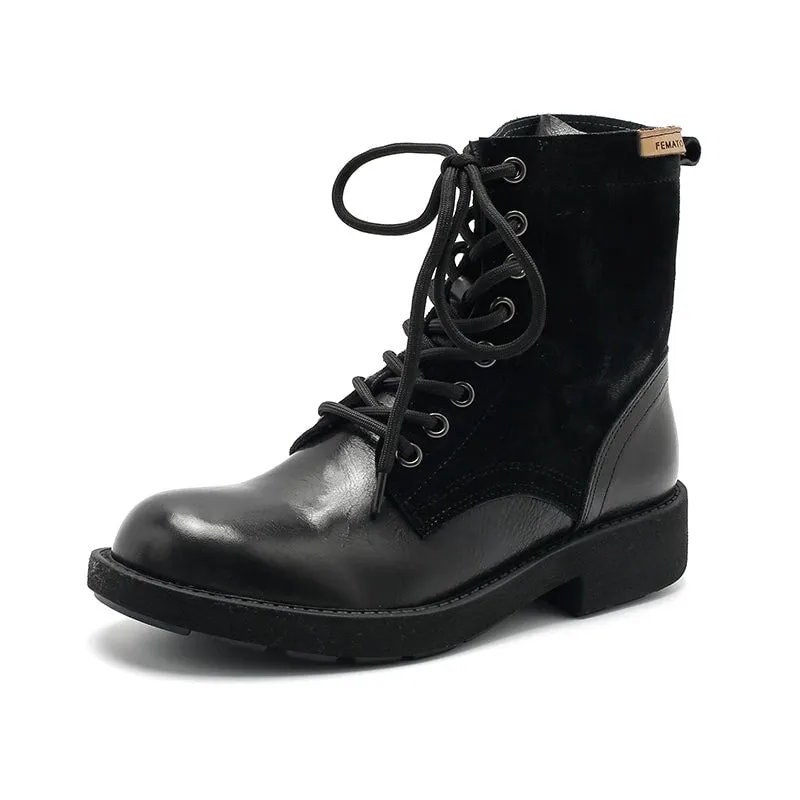 Women's Leather Martin Boots Lace Up Short Boots Handmade in Black/Black Short Plush