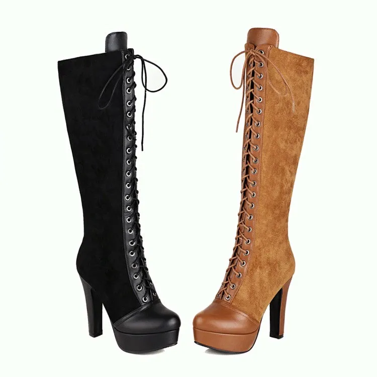 Women's Pu Leather Round Toe Lace Up Chunky Heel Platform Over the Knee Boots