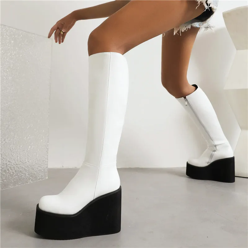 Women's Pu Leather Round Toe Side Zippers Wedge Heel Platform Knee High Boots