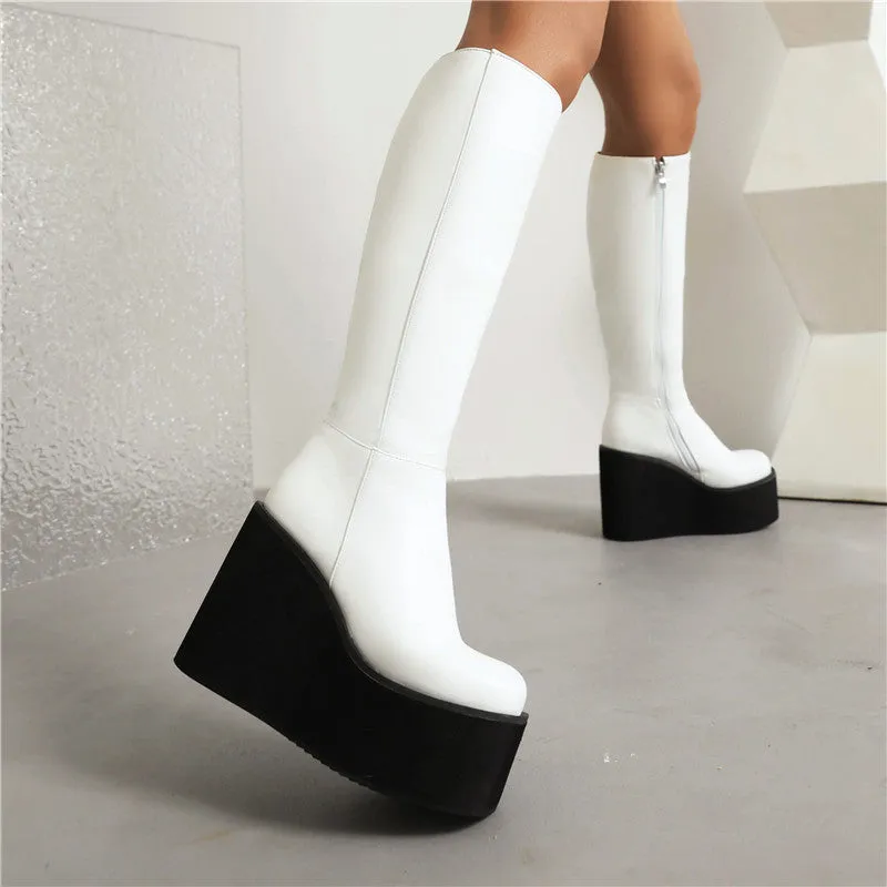 Women's Pu Leather Round Toe Side Zippers Wedge Heel Platform Knee High Boots