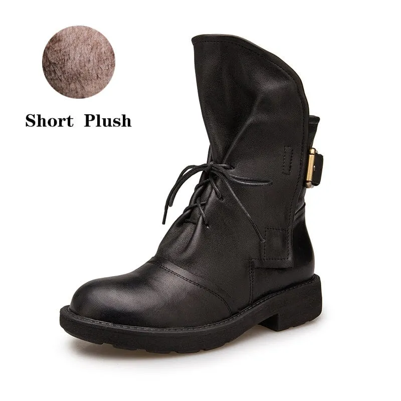 Womens Retro Sheepskin Short Boots for Winter Lace Up Buckles Boots Coffee/Black