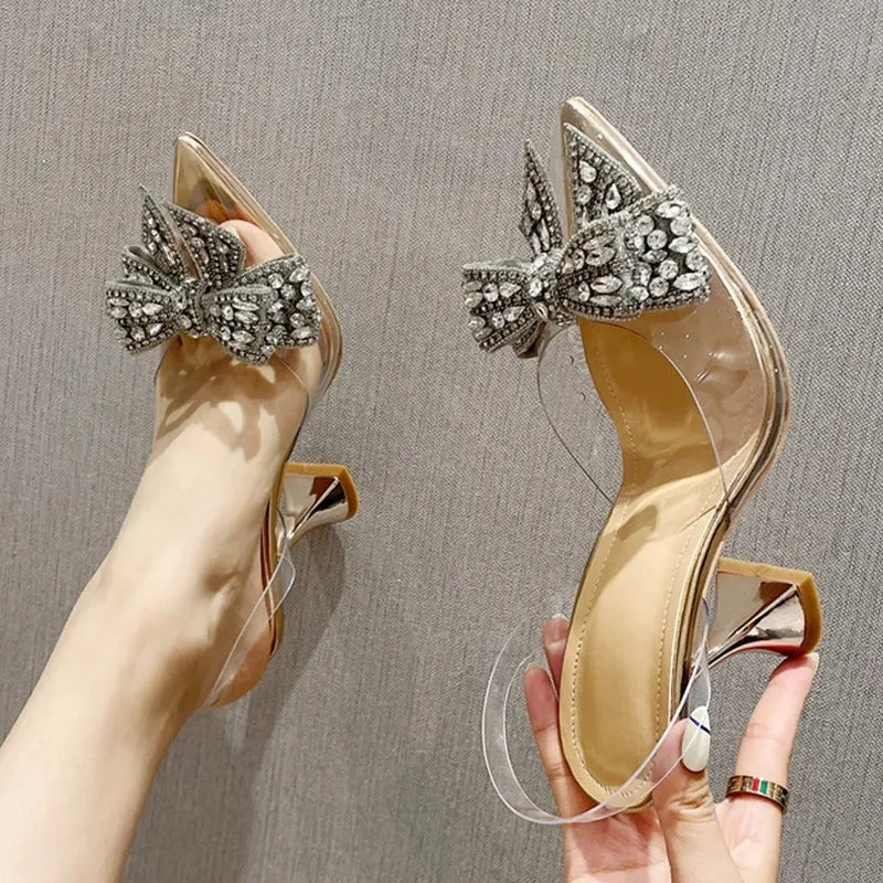 Women's Rhinestone Embellished Bowknot Decor Clear Heeled Sandals