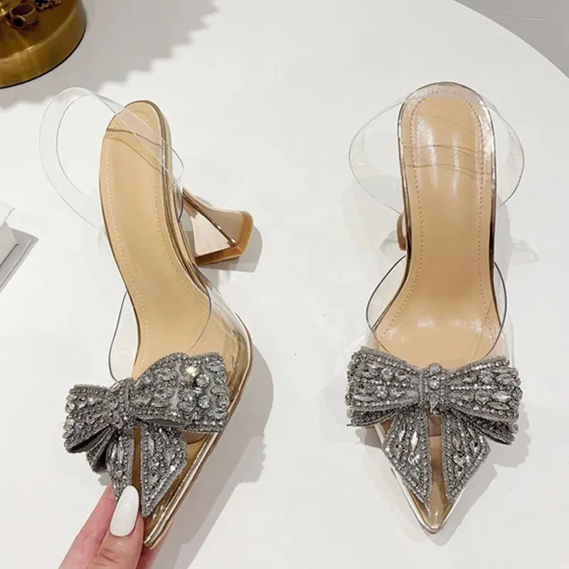 Women's Rhinestone Embellished Bowknot Decor Clear Heeled Sandals