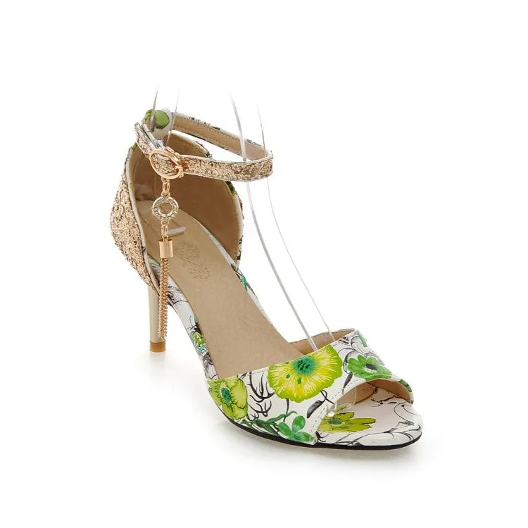 Women's Sequins Beading Flora Printed Peep Toe Stiletto High Heel Sandals