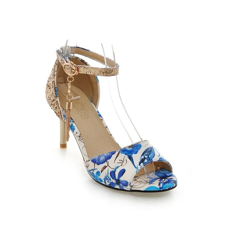 Women's Sequins Beading Flora Printed Peep Toe Stiletto High Heel Sandals