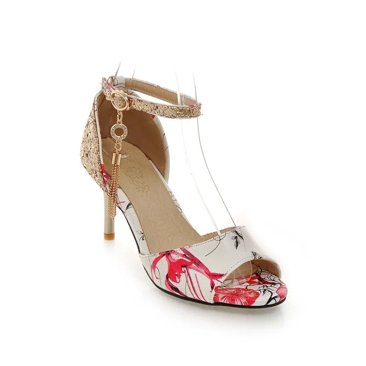 Women's Sequins Beading Flora Printed Peep Toe Stiletto High Heel Sandals