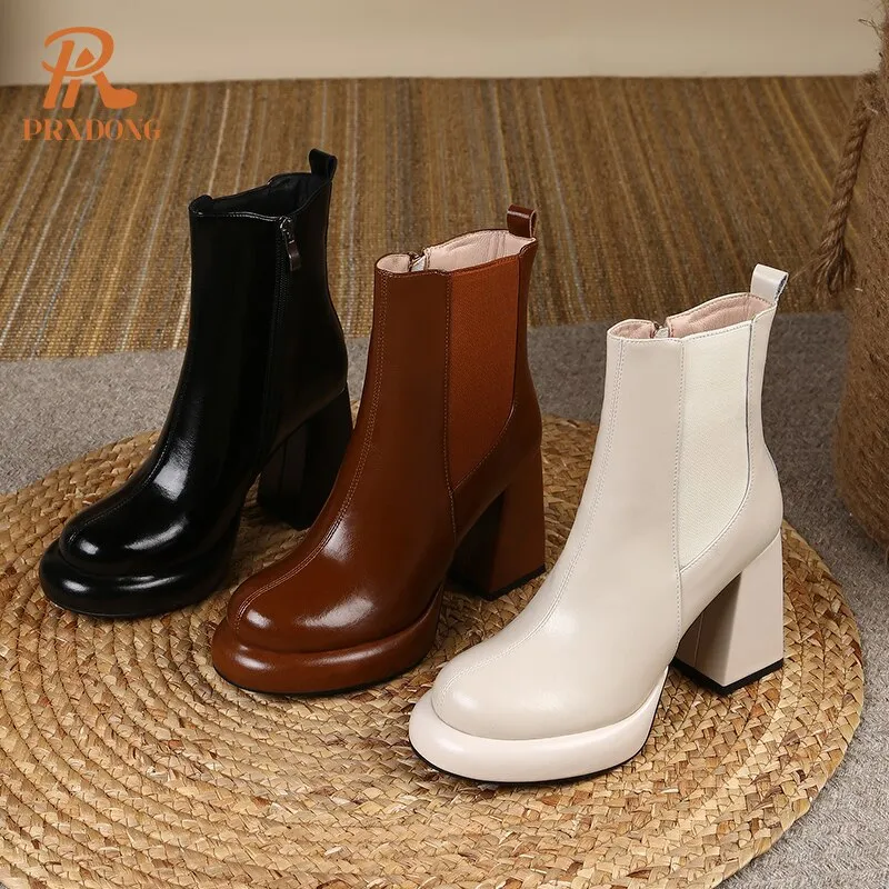 Women's Shoes Genuine Cow Leather Square Toe Black Beige Chunky High Heels Dress Office Working Ankle Boots Shoes