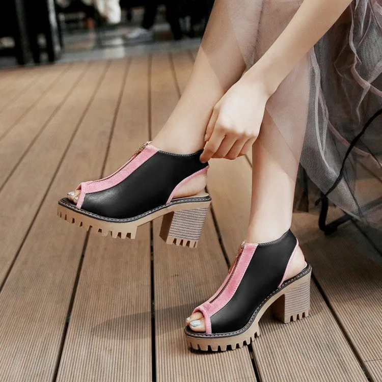 Women's's Color Block Peep Toe Chunky Heel Platform Sandals