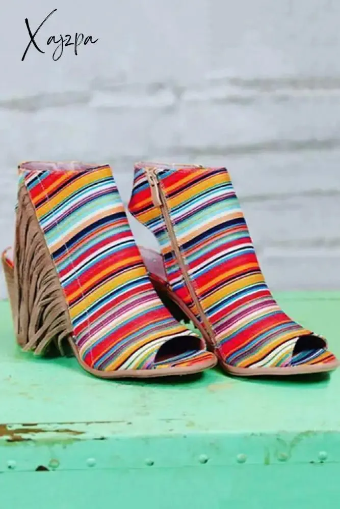 Xajzpa - Colorful Striped Fringe Zipper Peep Toe Heels