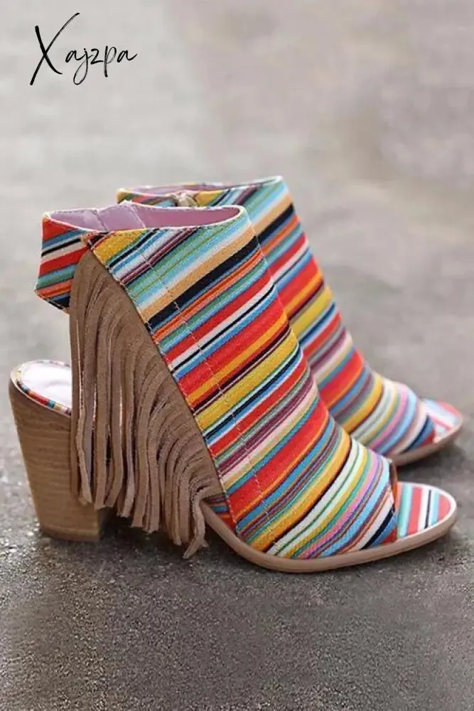 Xajzpa - Colorful Striped Fringe Zipper Peep Toe Heels