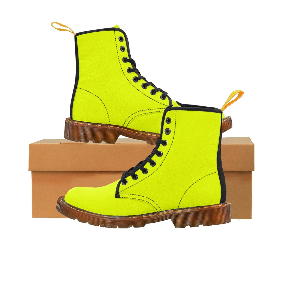 Yellow Women's Boots, Classic Solid Color Winter Lace-up Toe Cap Hiking Boots Shoes