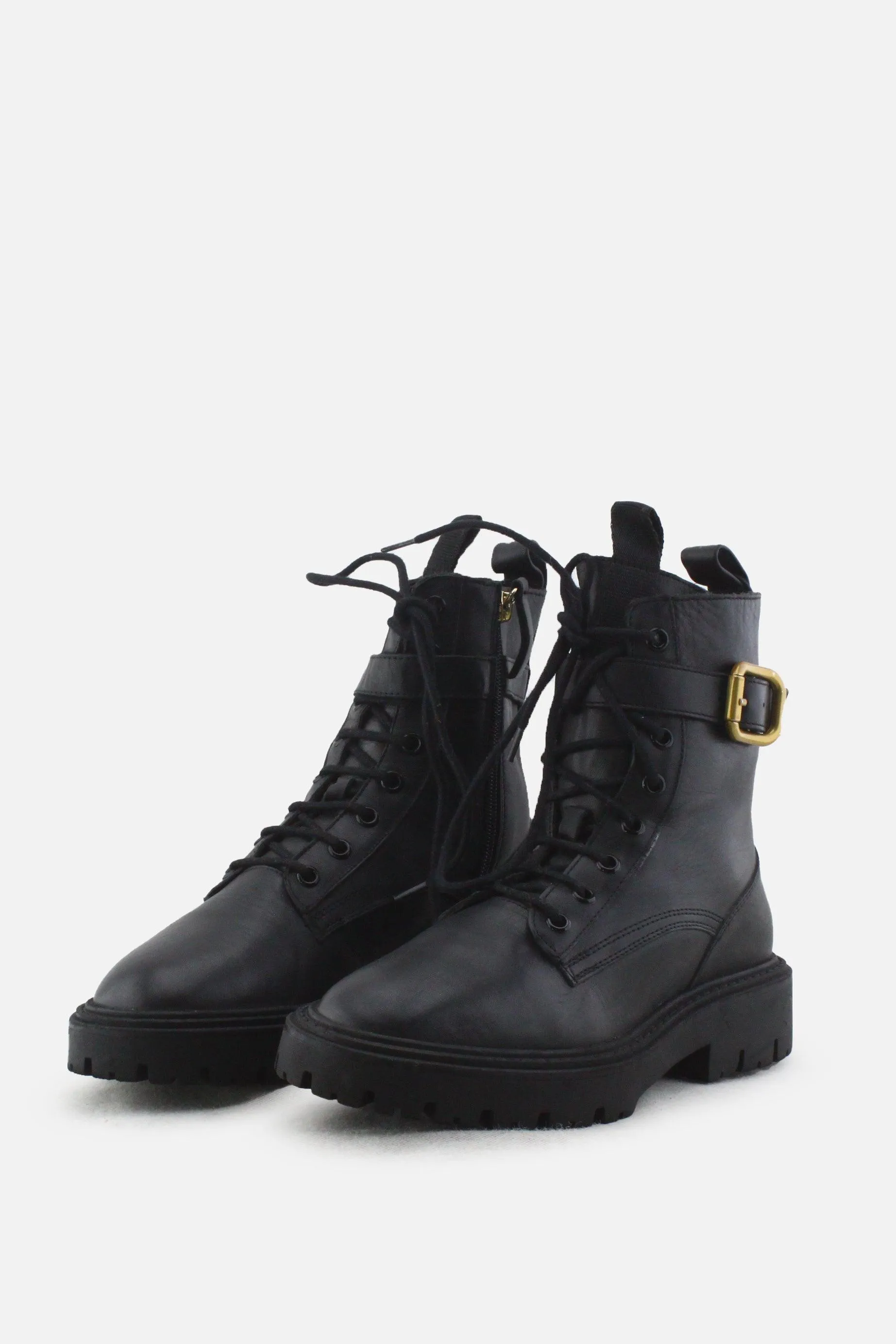 Zara Zipper Buckle Straps Combat Ankle Boots |100% Authentic Leather